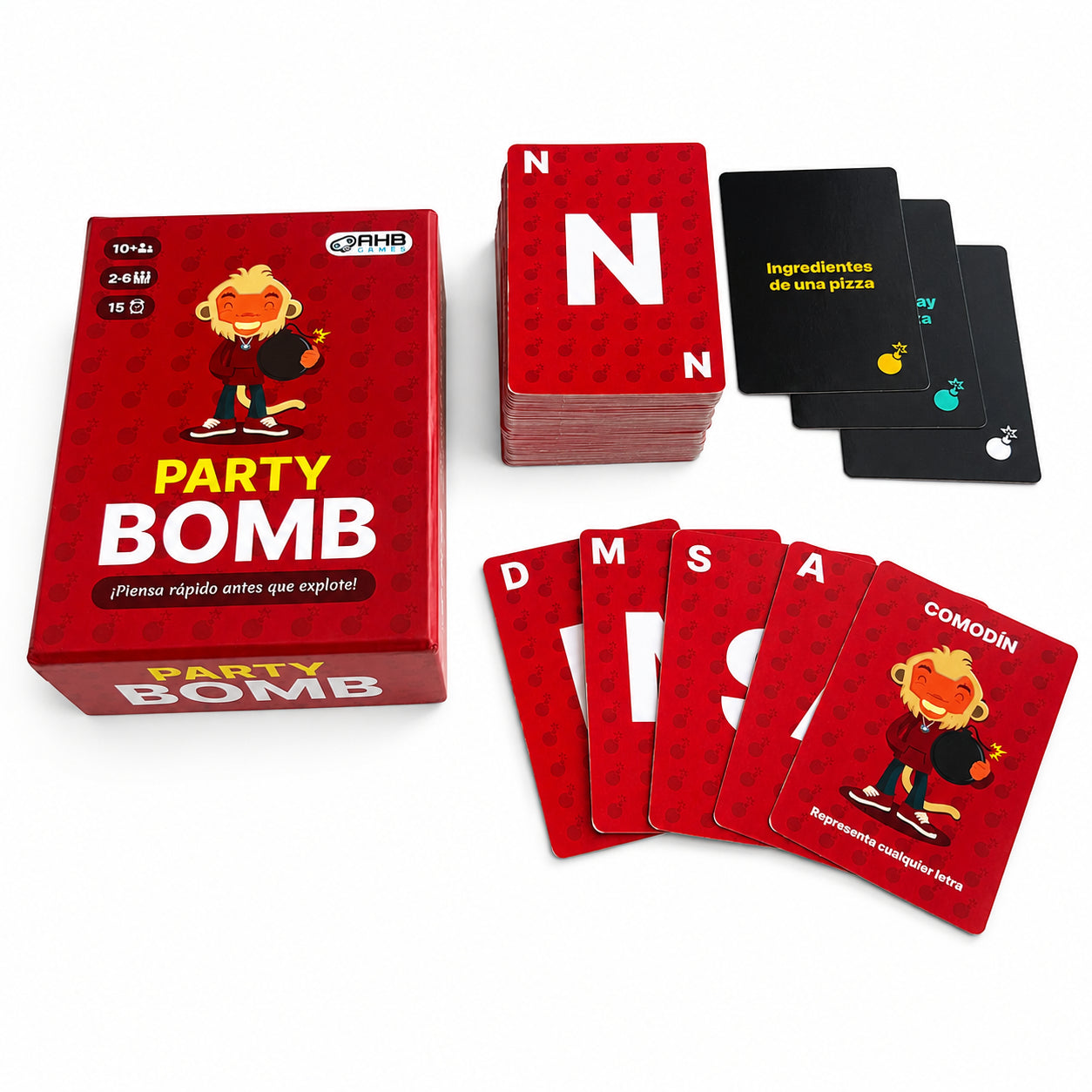 Cartas de letras y preguntas del juego Party Bomb de AHB Games — juego familiar desde 10 años