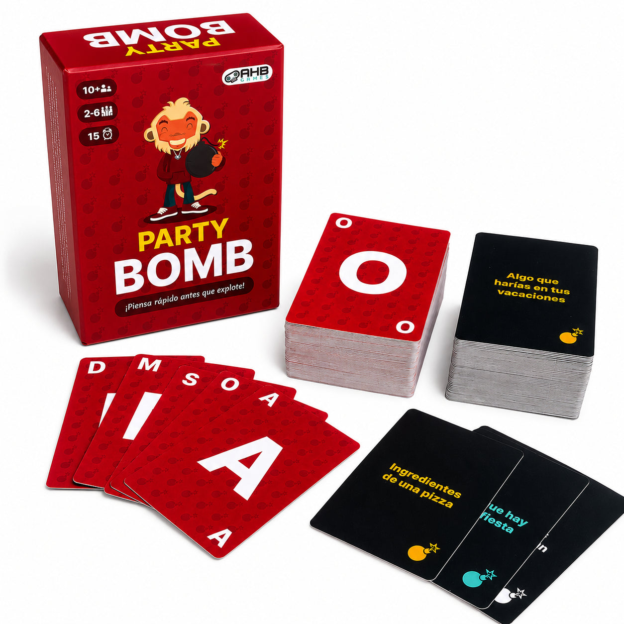 Contenido del juego Party Bomb: cartas de letras rojas, cartas de preguntas negras y carta comodín